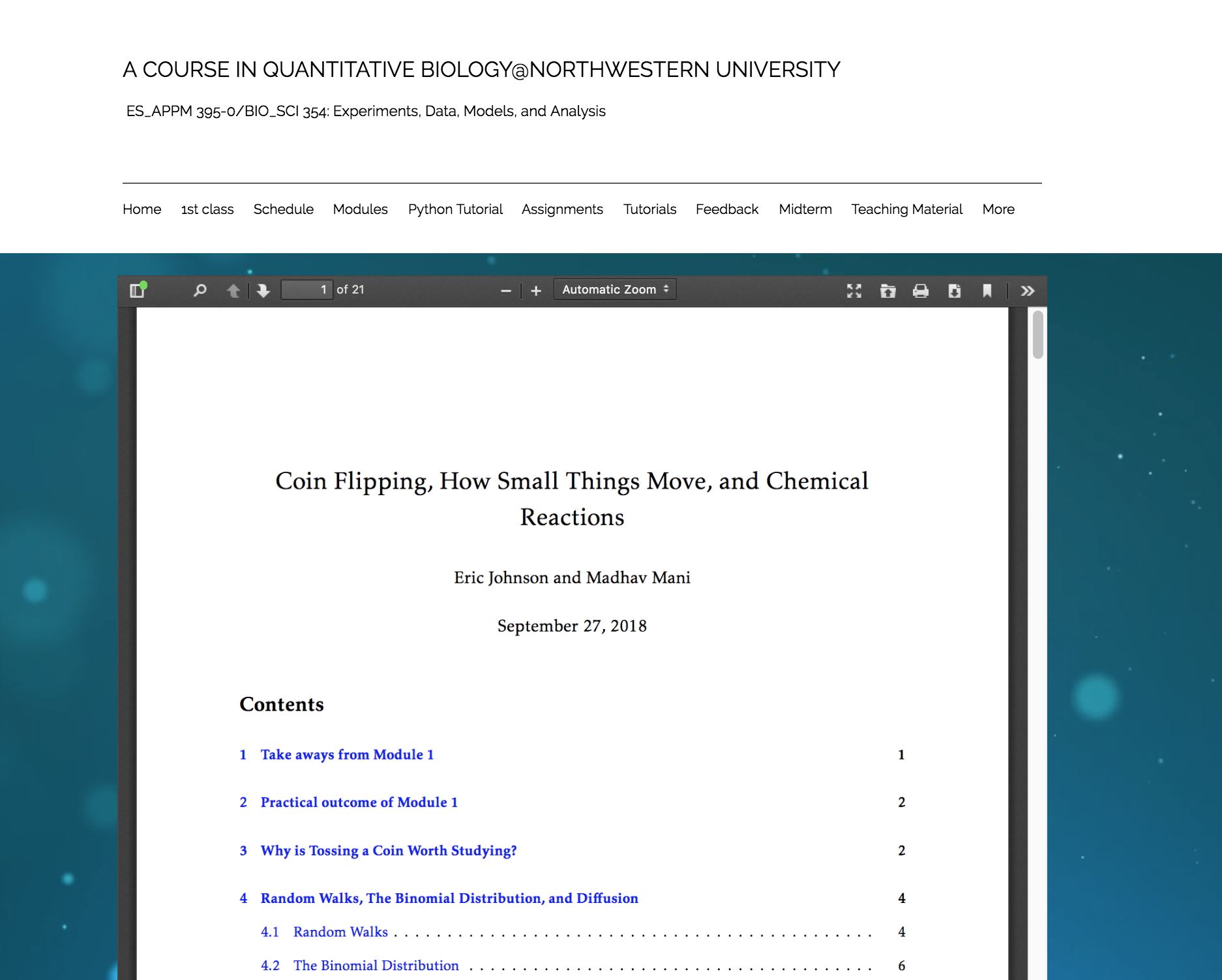 Course page showing a document on coin flipping and small-scale motion in Quantitative Biology